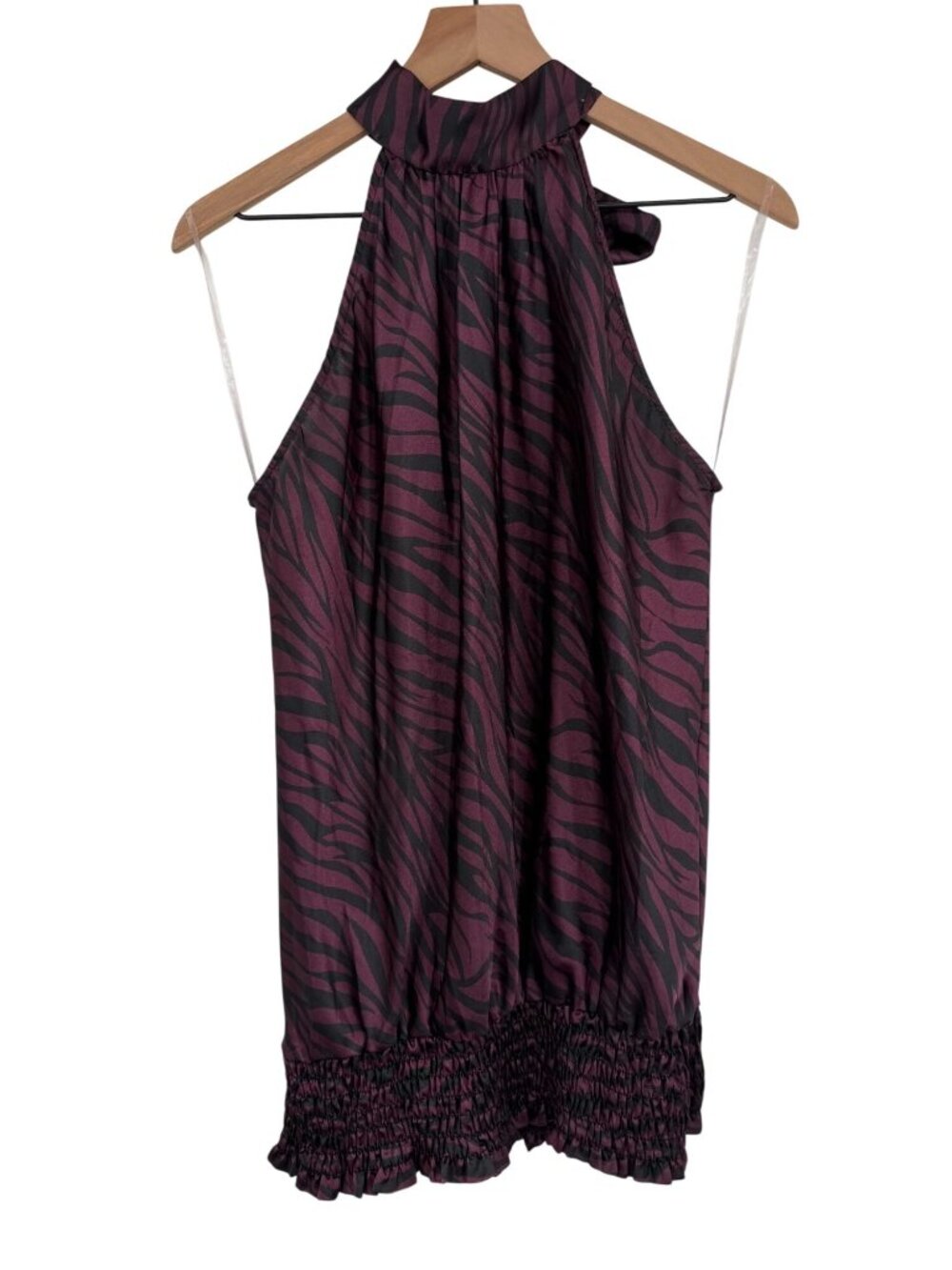Vanity Halter Neck Sleeveless Blouse Plum & Black Zebra Print Smocked Waist Y2K